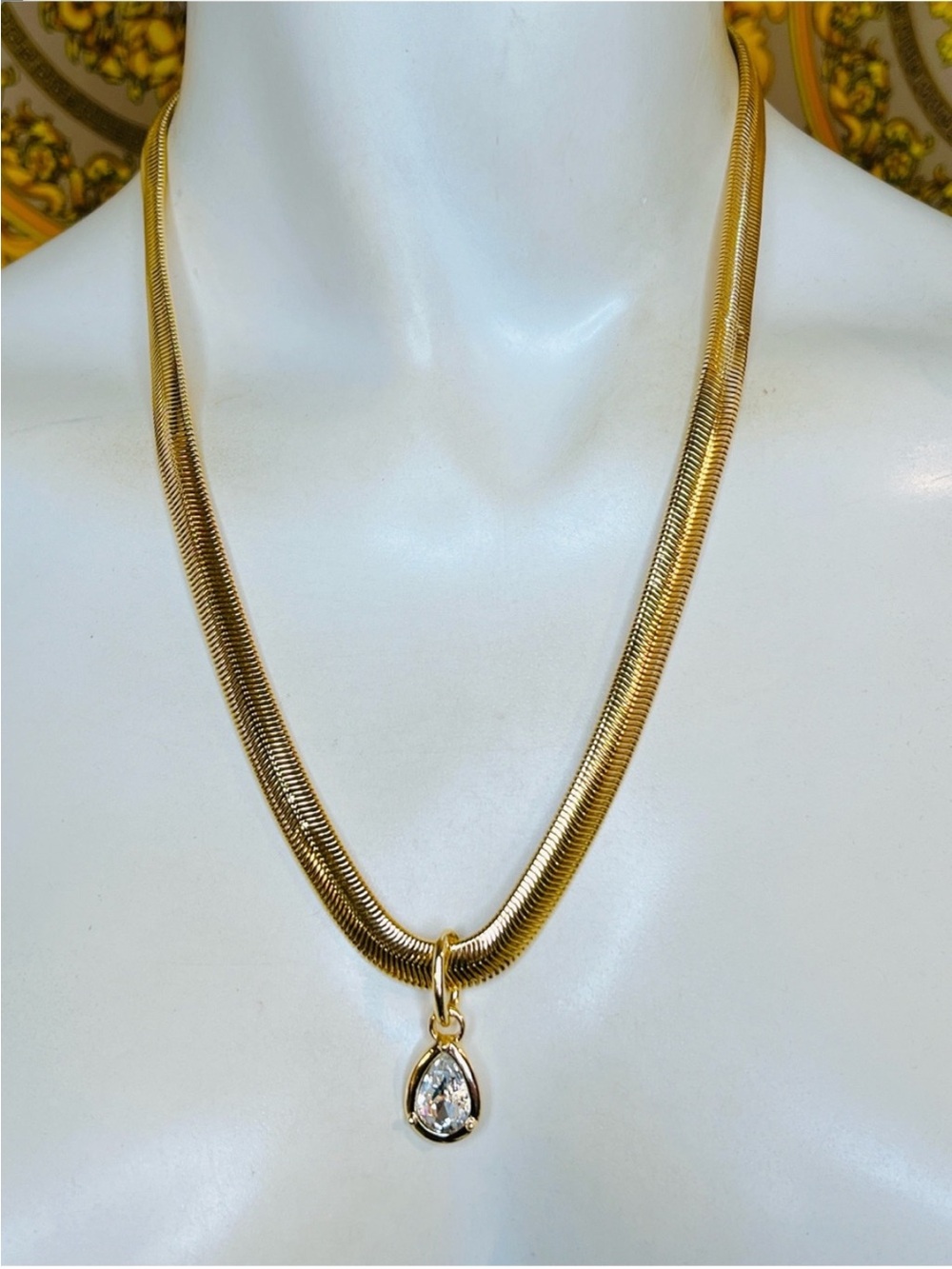 Louis XIV 18k Gold plated Teardrop Pendant Necklace - herringbone thick chain